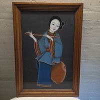 Asiatische Malerei, hinter Glas auf Holz..