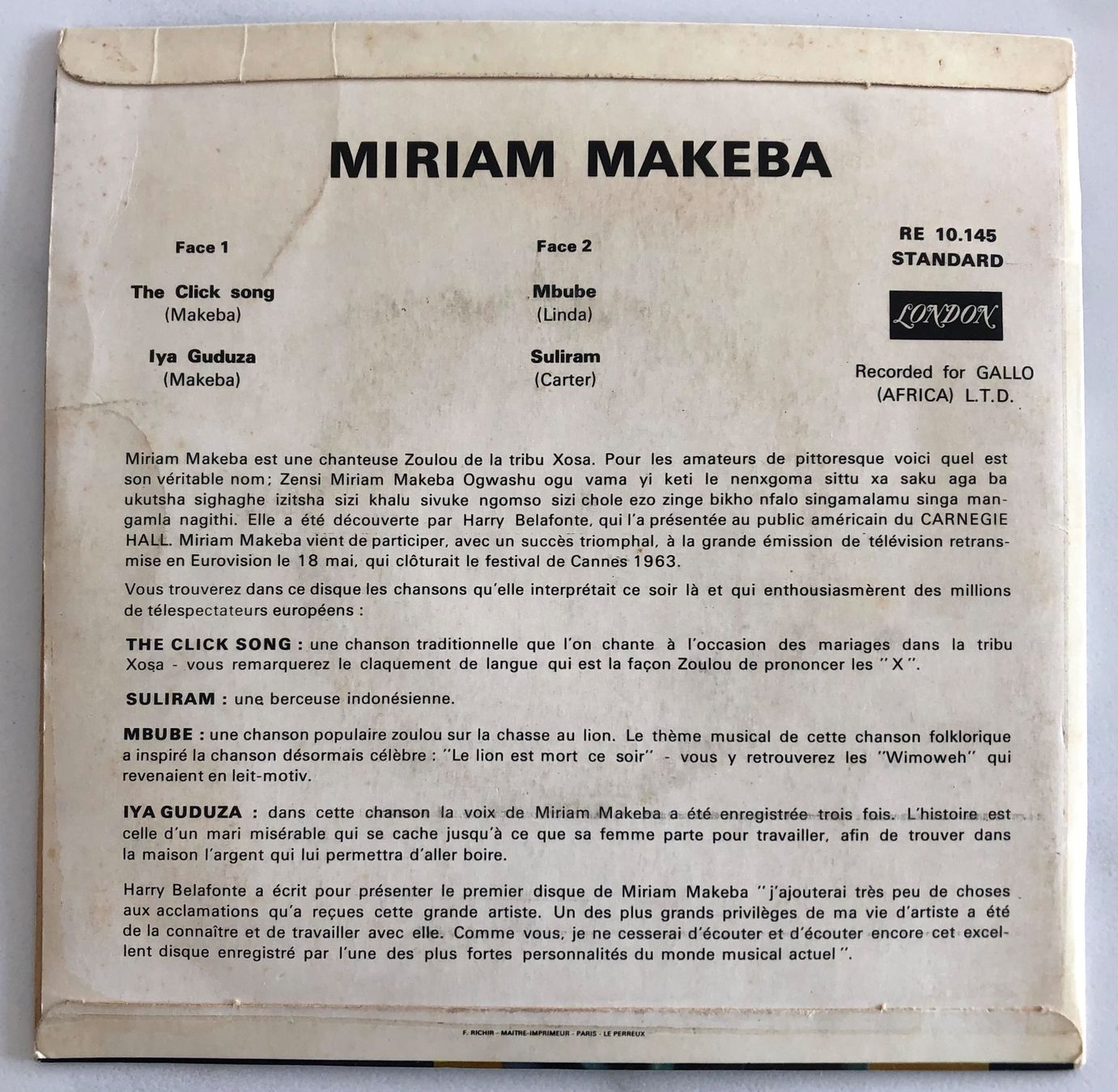 Dischi in vinile: MIRIAM MAKEBA - THE CLICK SONG – Usato da Poliez-Pittet venduto da Newtown-Records 1