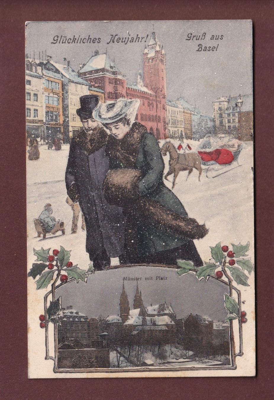Cartoline postali: BASEL unter Schnee - Neujahr - 1907 – Usato da Pully venduto da nicecards