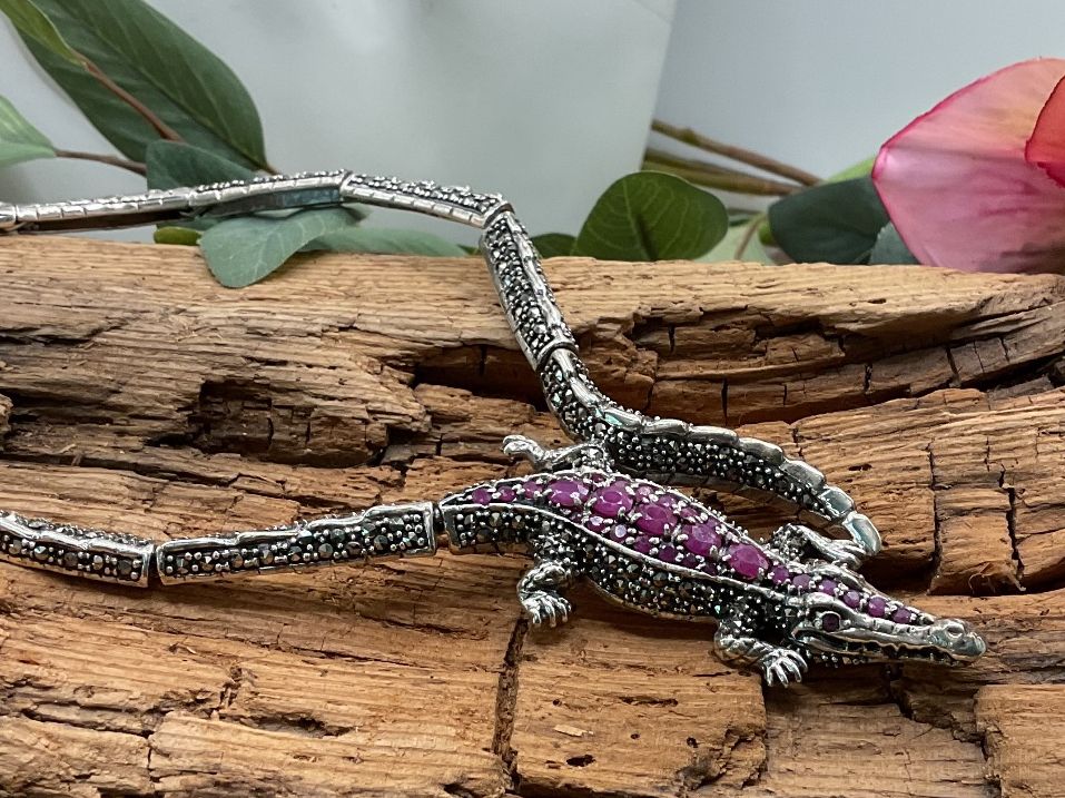 Ketten: Krokodil-Collier mit Rubinen , 925er Silber, Top! – Neu (gemäss Beschreibung) aus Luzern von S.Kern01 2