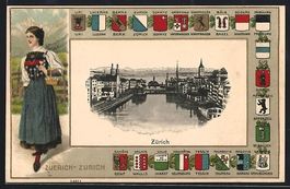 Zürich, Flusspartie im Ort, Wappen, Dam