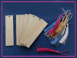 10x Holz-Lesezeichen zum selbst gestalten + farbigen Kordeln