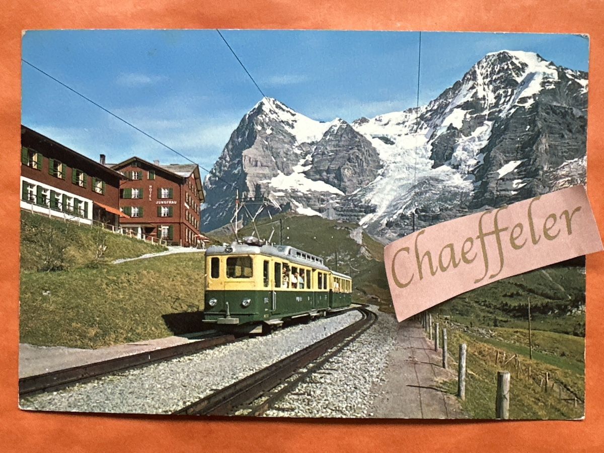 Cartoline postali: Wengernalp Bahn, hotel Jungfrau. Eiger Mönch Jungfrau – Usato da Zürich venduto da Chaeffeler