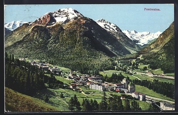 Cartoline postali: AK Pontresina, Ansicht mit den Bergen – Usato da Berlin venduto da bartko-reher