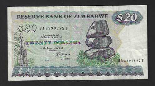 Banknoten: Zimbabwe  -  20  Dollars   Gebraucht – Gebraucht aus Gordola von coinsandnotes 1