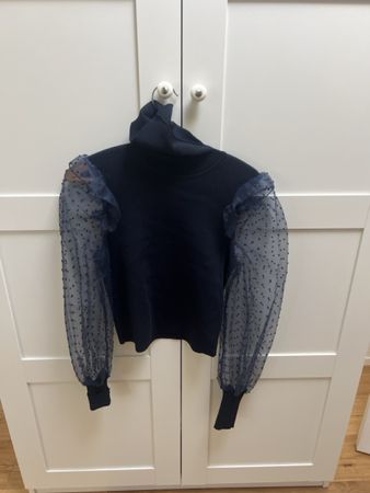 Damen Rollkragenpullover dunkelblau mit Tüllärmeln neu