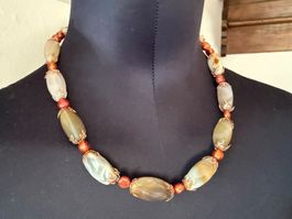 Neue Unikat 💎 Halskette Antiker Botswana-Achat Bronzeperlen