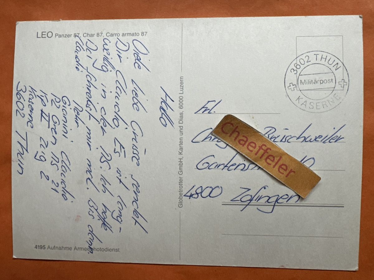Ansichtskarten: Militär Postkarten, Leo Panzer 87 – Gebraucht aus Zürich von Chaeffeler 1