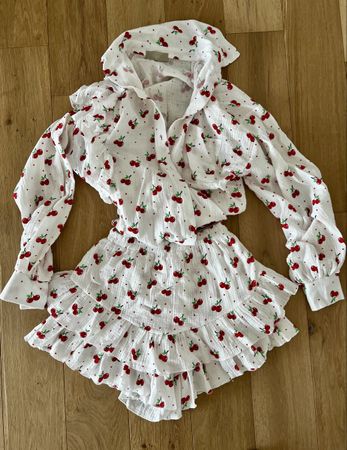 Cherry Print Two-Piece Set: Blouse and Skirt, Size Small