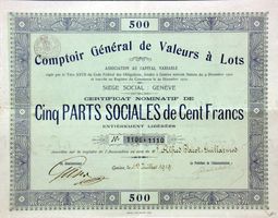 Comptoir Général de Valeurs à Lots, Genève - 1919