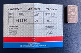 20g Silberbarren Credit Suisse 999,0 Feinsilber mit Zerti...