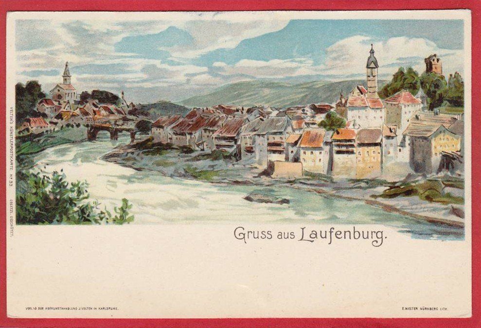 Cartoline postali: LAUFENBURG, LITHO 1897 / 1905 – Usato da Grüningen venduto da Kartenlaube