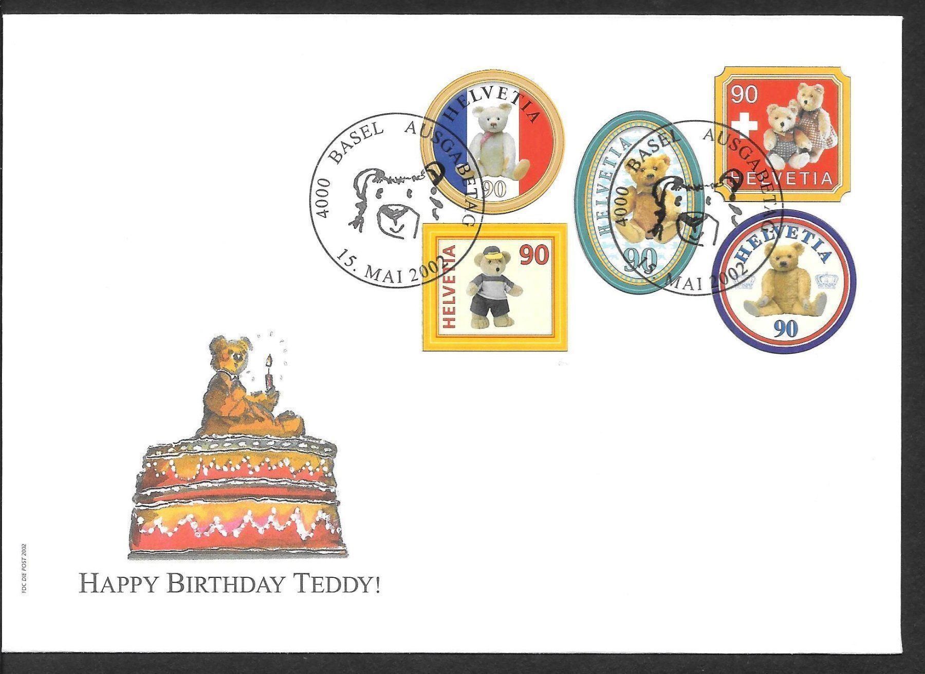 Tutti i francobolli: FDC Serie 1054 - 1058 Teddybär ET Basel 15.5.2002 – Nuovo (secondo la descrizione) da Olten venduto da clotaldi