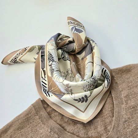 New 53cm Silk Scarf, Gumamela Floral Beige 100% Silk Scarf