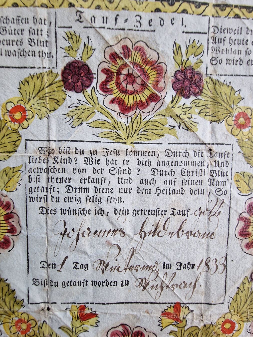 Documenti: Berner Taufzettel von 1833 – Usato da Röthenbach i. E. venduto da Heureka5 2