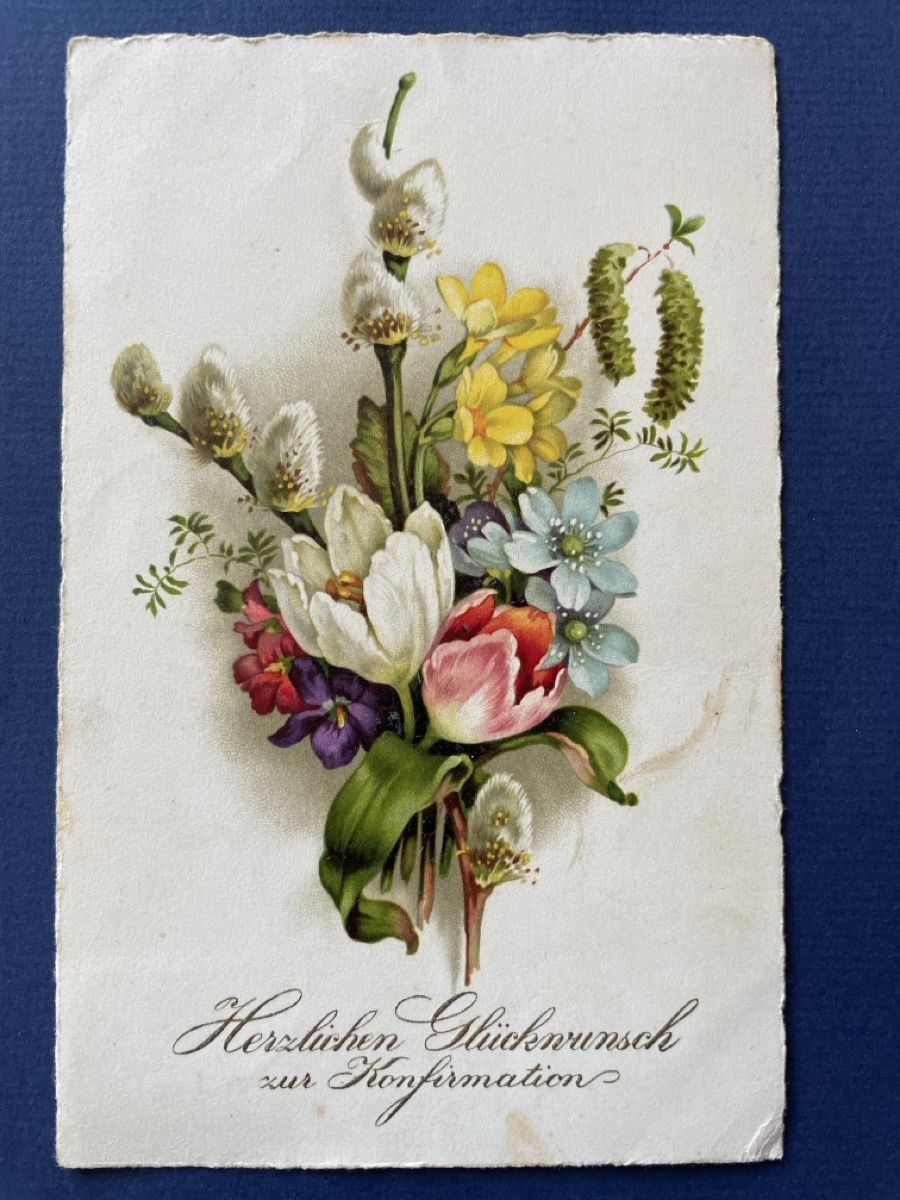Cartoline postali: Antike Ansichtskarte Konfirmation Frühling Blumen 1930 – Usato da Neuhausen am Rheinfall venduto da Arielle55