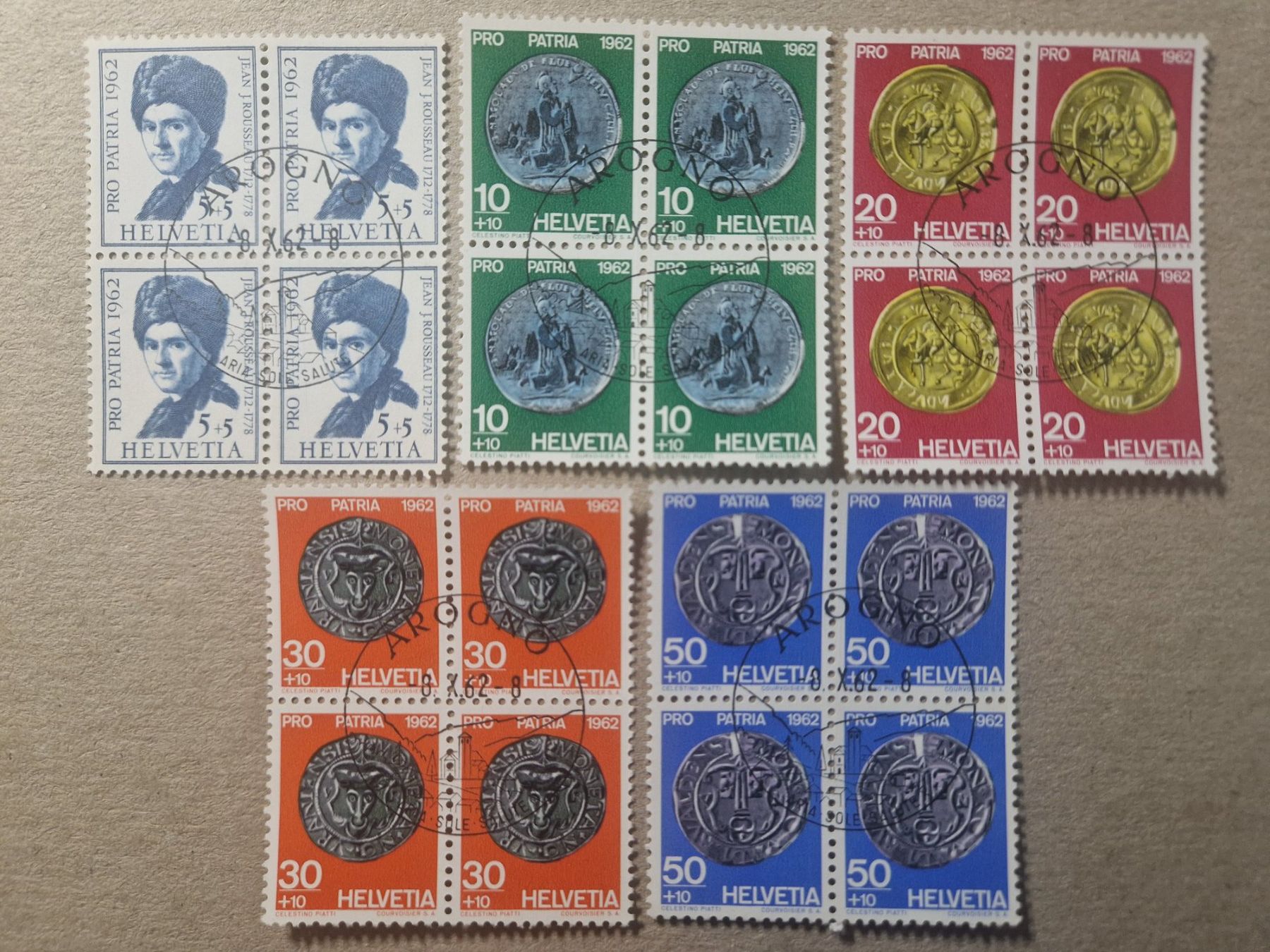 Tutti i francobolli: Pro Patria 1962    4 block gestempelt   Arogno – Usato da Bouveret venduto da hckoala