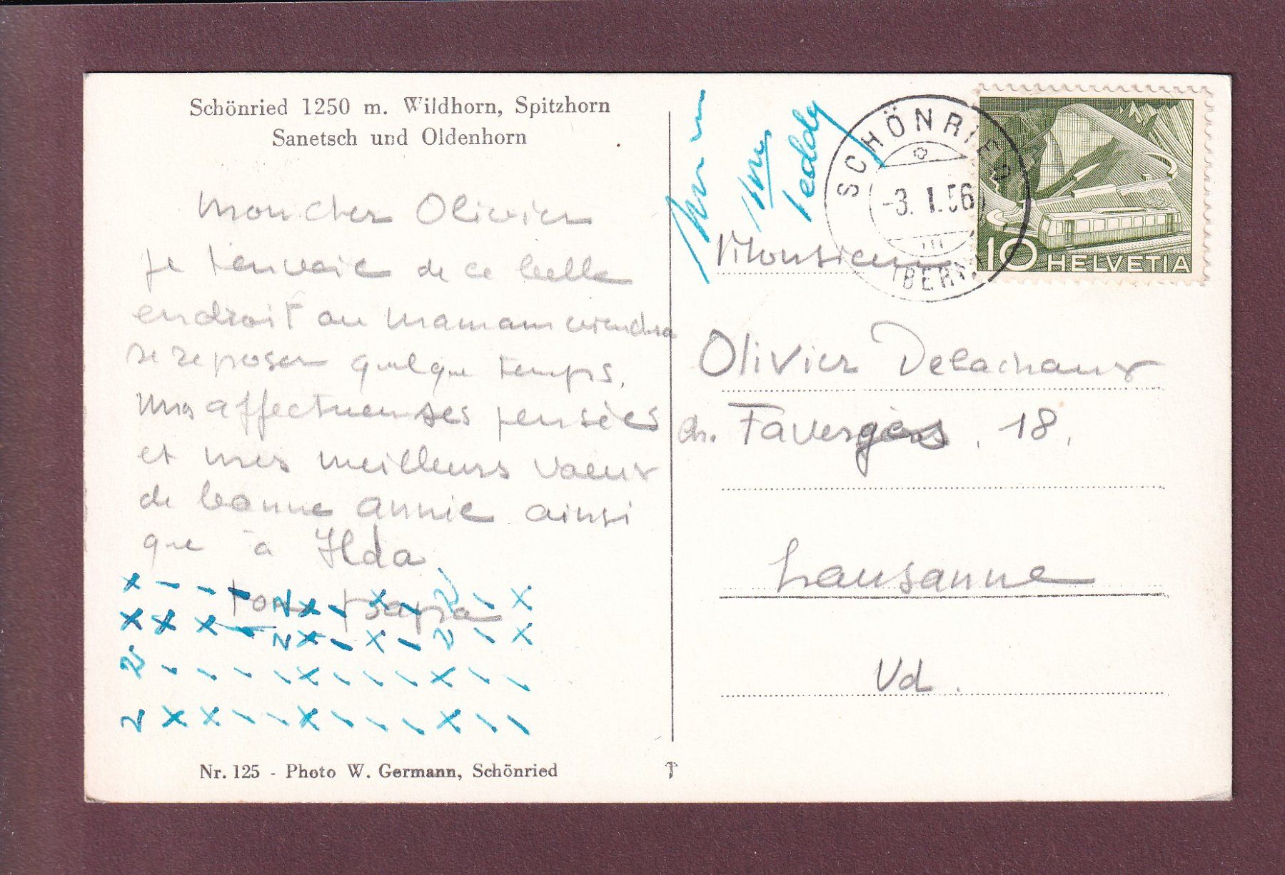 Cartoline postali: SCHÖNRIED - Wildhorn - Spitzhorn - 1956 – Usato da Pully venduto da nicecards 1