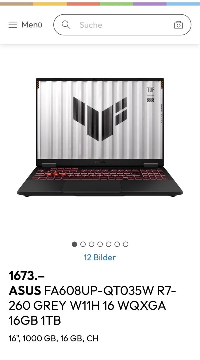 Asus Notebook: Asus TUF Gaming A16 – Nuovo (secondo la descrizione) da Zürich venduto da Gianini02