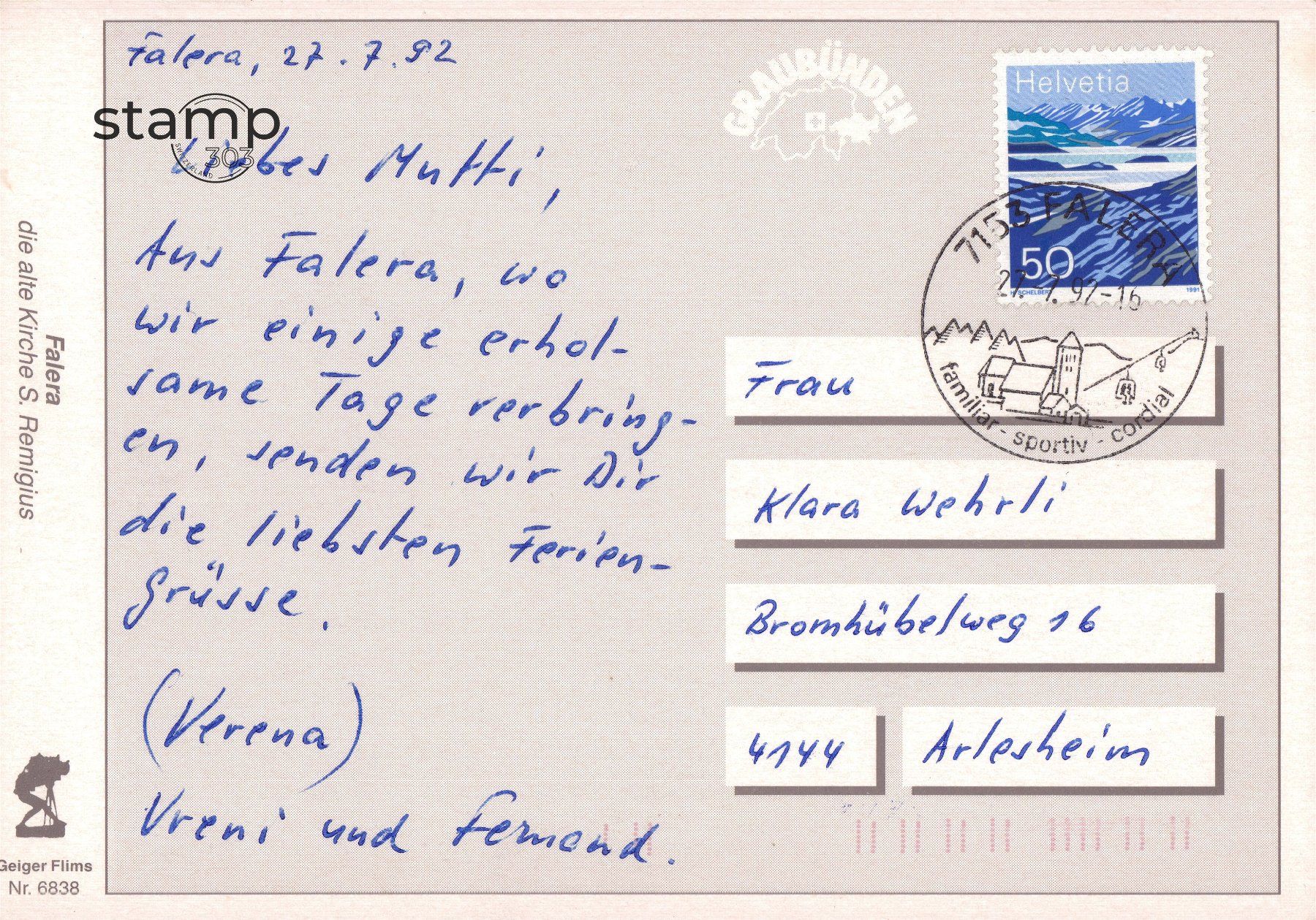 Ansichtskarten: 1992 AK Falera – Gebraucht aus Eggersriet von stamp303 1