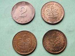 Deutschland - 4x 2 Pfennig 1990 F/G -1991 D/F