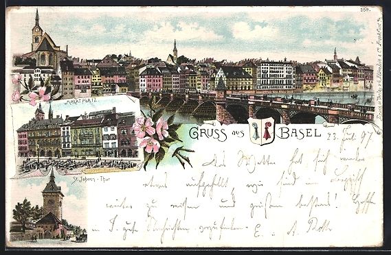 Ansichtskarten: Litho Basel, St. Johann-Tor, Marktplatz, – Gebraucht aus Berlin von bartko-reher