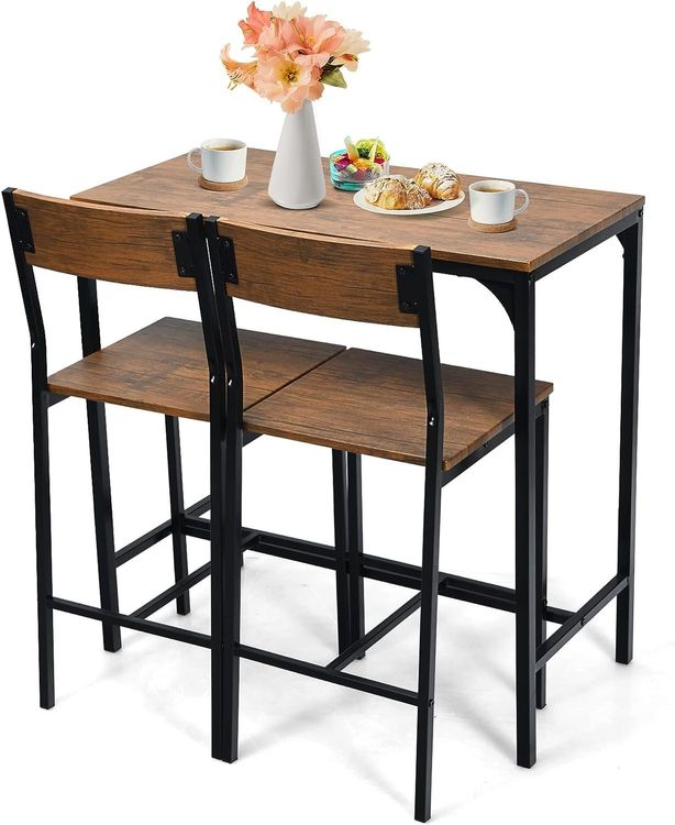 Bartisch Set, Esstisch mit 2 Barstühlen, 1