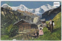 Alphütte mit Senn, Kinder und Ziege - Litho