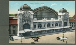 AK Farblitho Basel BS Bundesbahnhof, Kutschen belebt ≈ 1919 