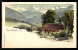 Künstler-AK Beatenberg, Ort mit Kirche und Bergpanorama