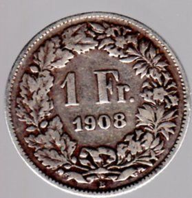 Tutti le monete: SILBERMÜNZE 1 FR  1908 ERHALT SIEHE SCAN – Usato da Losone venduto da EM2019