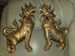 2 schöne antike Asiatische Fu Hunde Holz Foo Dogs (D)