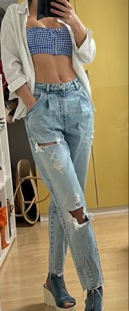 Kariertes Top XS &Jeans mit Rissen, Gr. 36, Top Zustand
