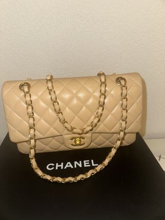Original CHANEL Medium Classic Flap Bag Beige Clair Gold HW 