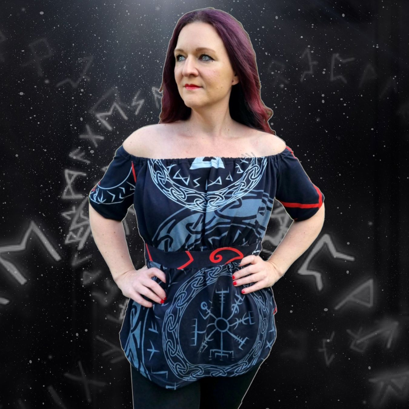 Tessuti: Jersey Runen "Valhalla" rot schwarz Stoff je m – Nuovo e nell'imballaggio originale da Wiesenberg venduto da mountain-merch 1