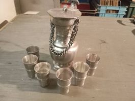 Zinn-Krug mit 6 Bechern, Vintage Zinn Set für Drinks