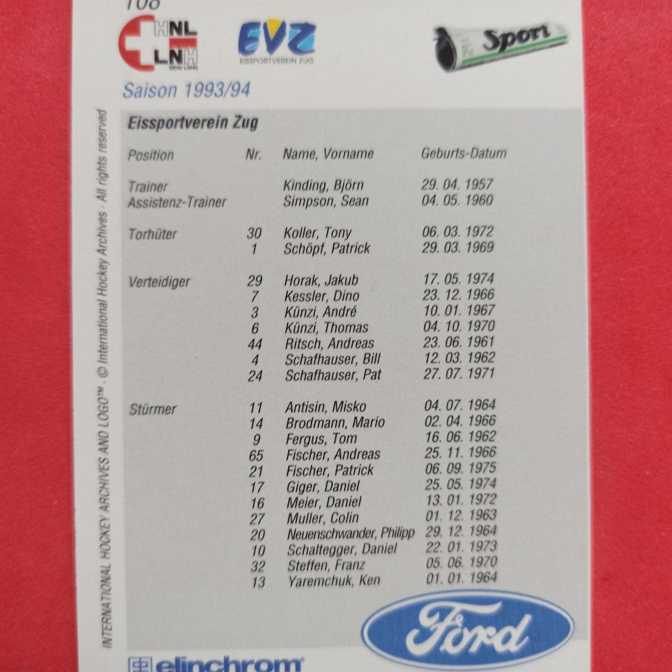 Carte collezionabili: EVZ TEAM CARD - 1993/94 – Usato da Dübendorf venduto da kb86_MOVIE 1
