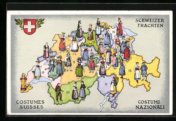 Cartoline postali: Schweizer Landkarte mit Trachten nach Or – Usato da Berlin venduto da bartko-reher