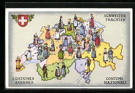 Schweizer Landkarte mit Trachten nach Or