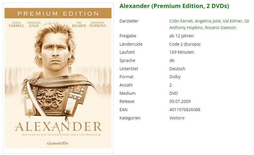 Tutti i DVDs: Alexander (Premium Edition, 2 DVDs) – Usato da Buchrain venduto da Sssschaller