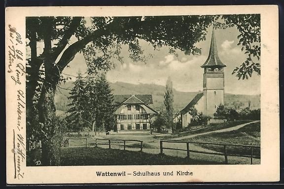 Cartes postales: AK Wattenwil, Schulhaus und Kirche, 1923 – D'occasion à Berlin par bartko-reher