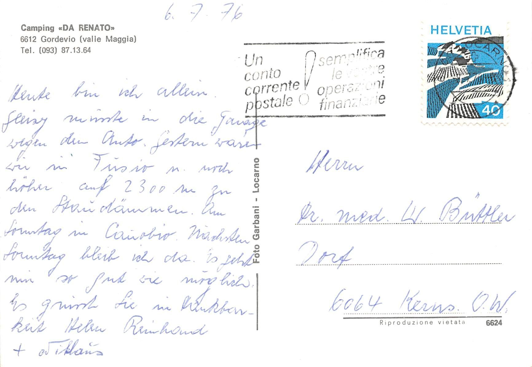 Cartoline postali: Gordevio, Camping Da Renato – Usato da Ottikon b.Kemptth. venduto da Neptun1974 1