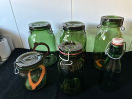 5 Bülacher - Einmachgläser und 1 kleine Bülacher-Flasche