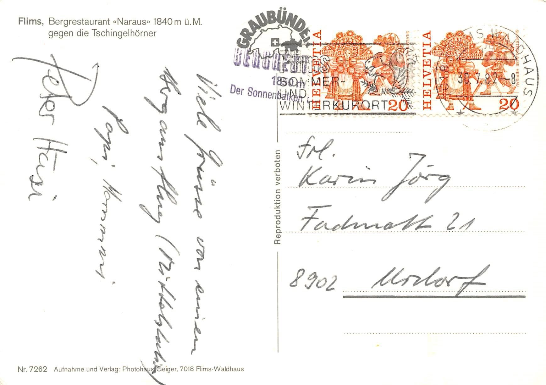 Cartoline postali: Flims, Bergrestaurant Naraus – Usato da Ottikon b.Kemptth. venduto da Neptun1974 1