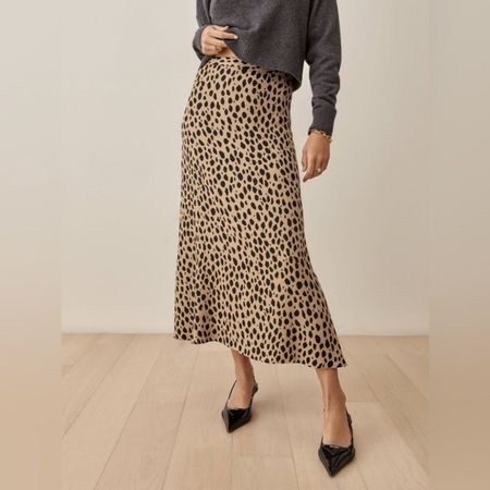 Reformation Bea Midi Skirt in Leopard Animal Print Brown