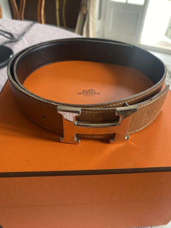 Ceinture Hermès H - Boucle Martelée En Argent - Cuir Noir/marron - 38mm X 95cm - Taille L - Occasion Très Bon état
