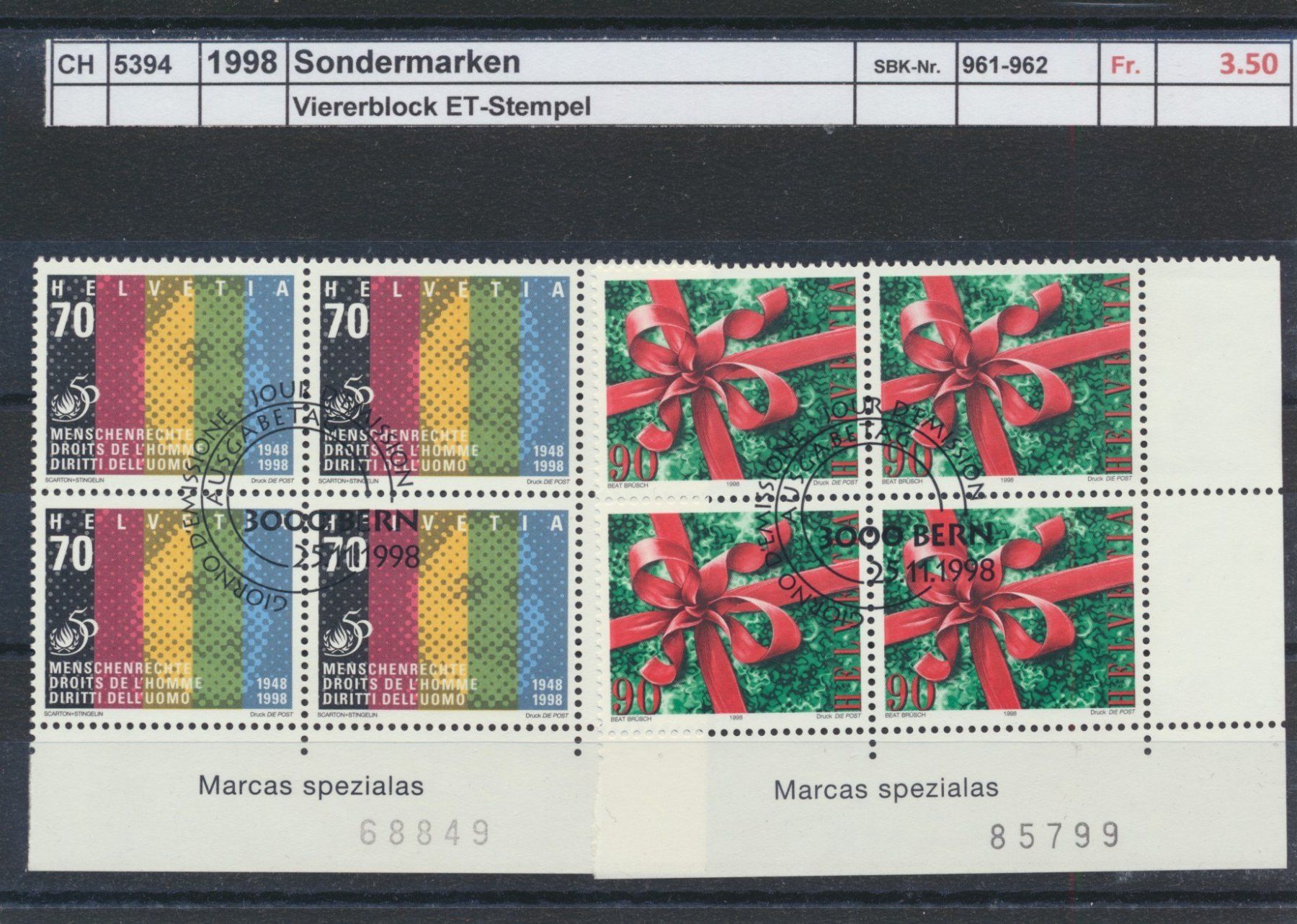 Tous les timbres: 1998 "Sonderpostmarken", Viererblock, ET - Stempel – D'occasion à Winterthur par Zupogeru