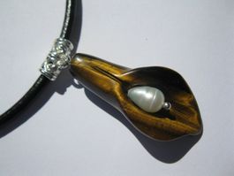 Lederkette mit Tigerauge und Zuchtperle *OVP*
