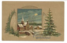 Fröhliche Weihnachten - Kirche - Christbaum - Präge-Litho