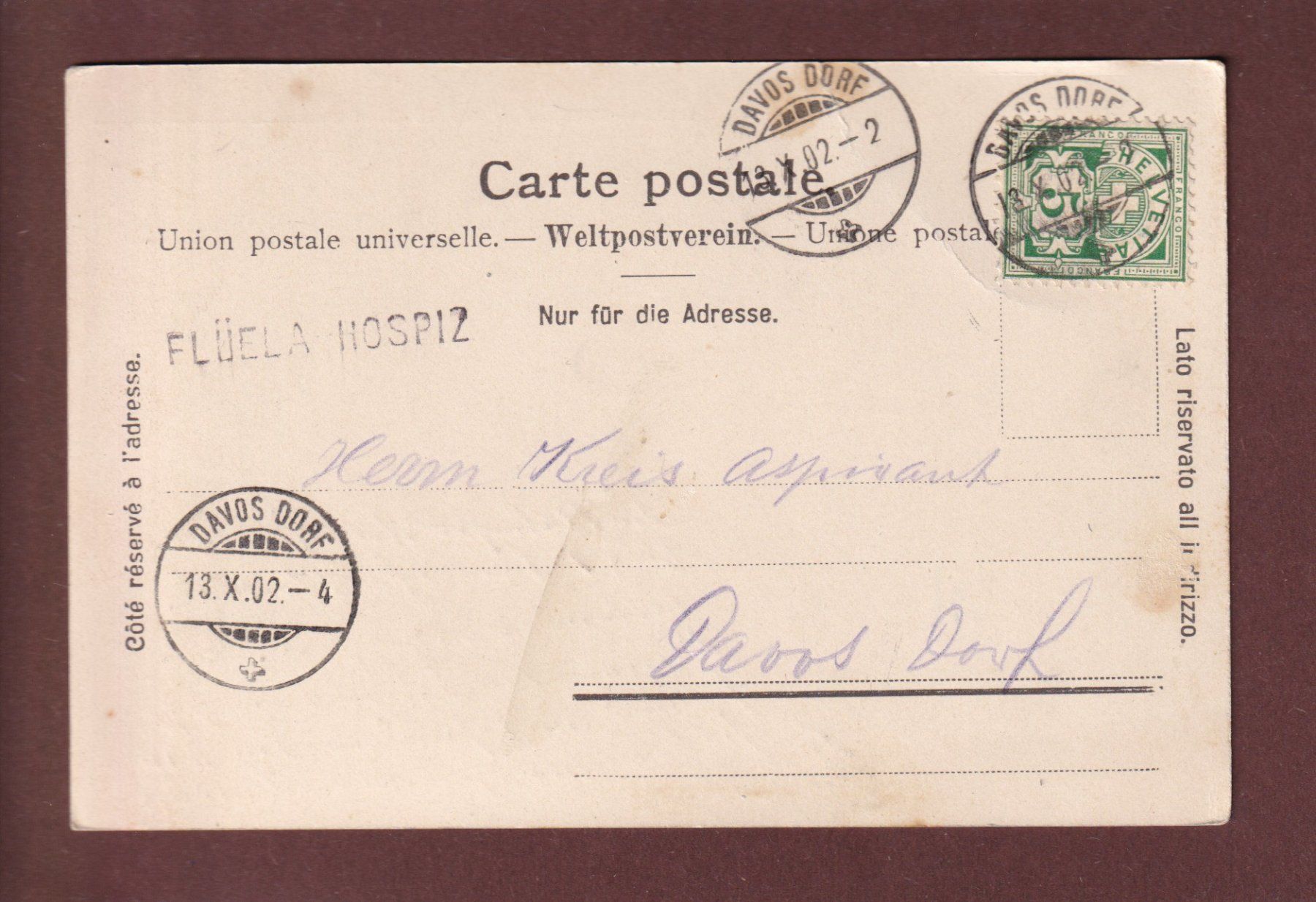Cartoline postali: FLÜELA-HOSPIZ - 1902 Langstempel – Usato da Pully venduto da nicecards 1